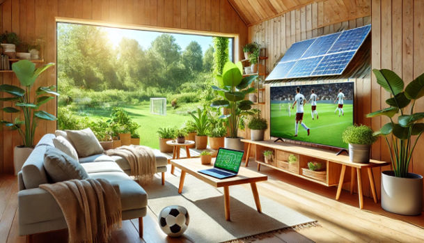 A cozy living room with eco-friendly decor, a laptop streaming soccer, solar panels visible outside