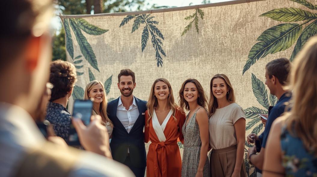 Smiling people posing outdoors in front of eco-friendly event backdrop with greenery.