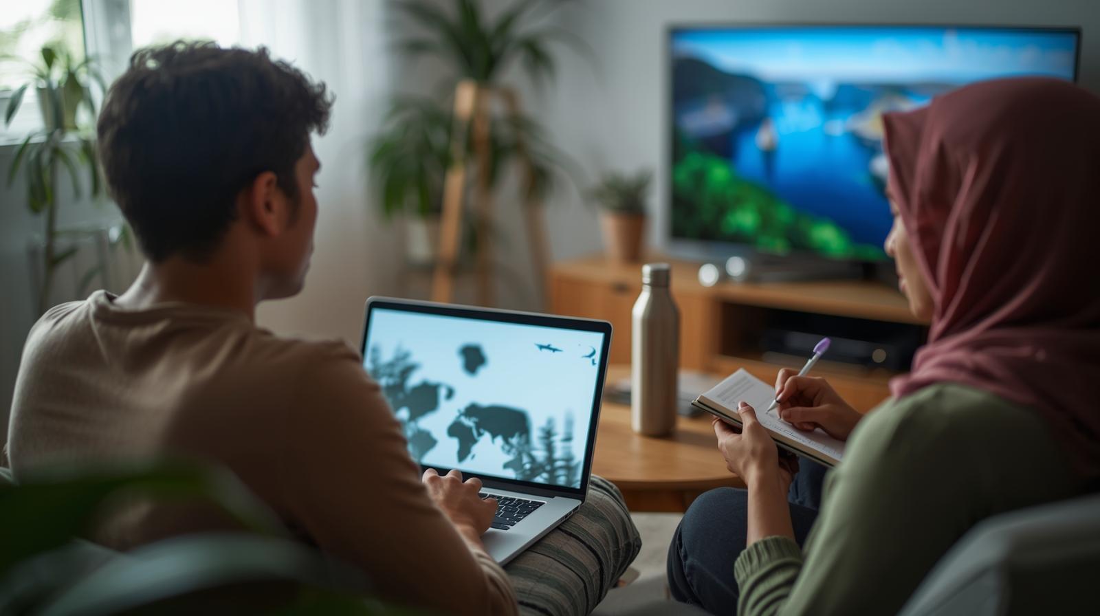 Two viewers watching eco-documentary, surrounded by plants, sunlight, and eco-friendly living elements.