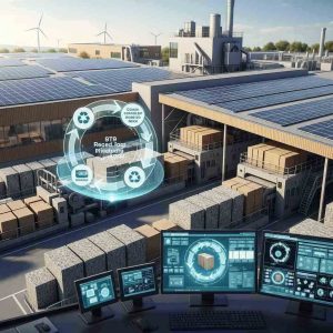 Modern eco-friendly paper mill with recycling systems, stacks of recycled paper, renewable energy sources like solar panels, and a circular production 