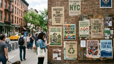 A modern NYC street with eco-friendly posters displayed on walls and community boards, sustainable design theme