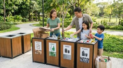 Community recycling station with clearly separated paper, glass, metal, and plastic materials, environmentally conscious family sorting household recyclables